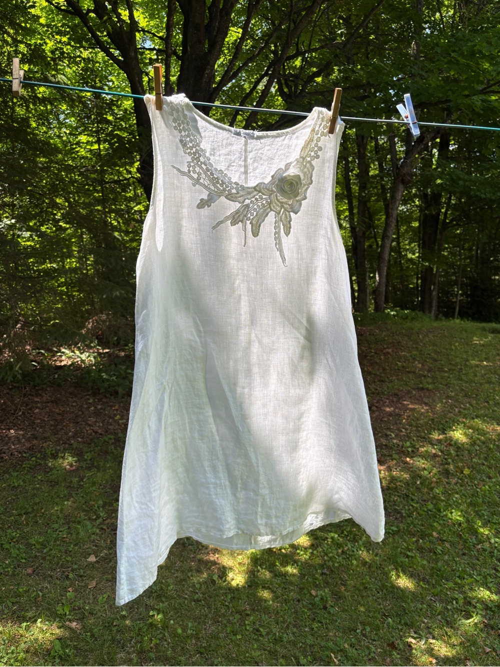 White Linen Stella Rosa summer dress with applique neckline